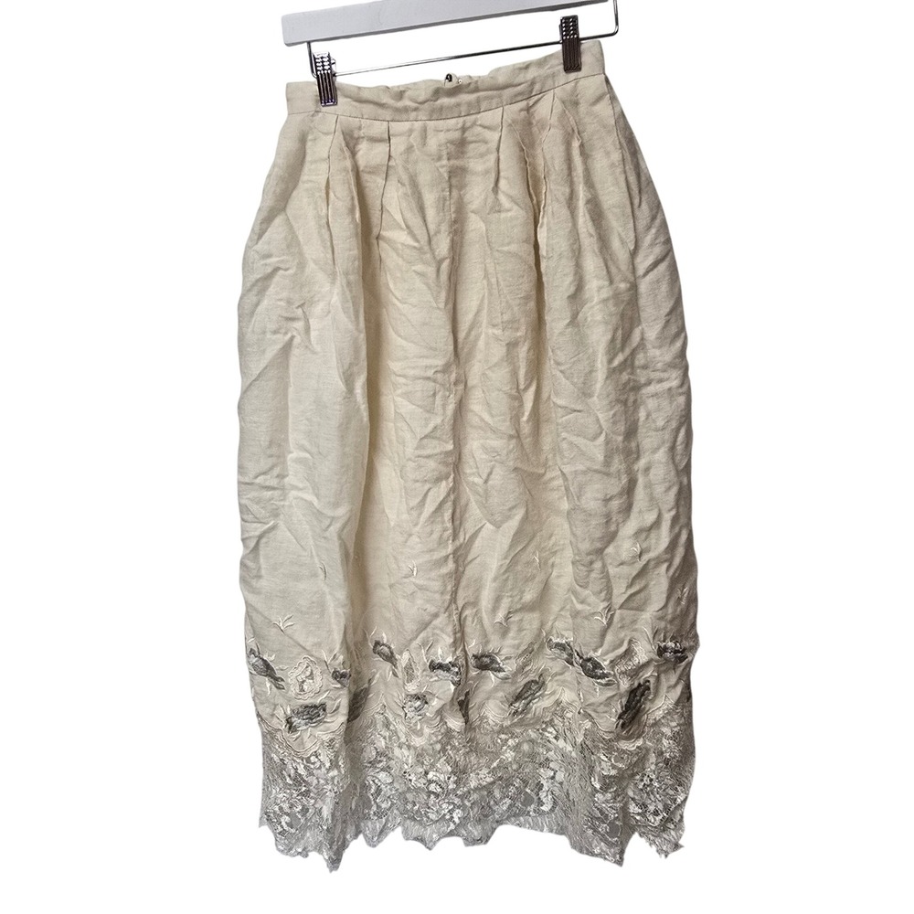 Vintage Cloak of‎ Many Colors Linen Lace Trim Prairie Midi Skirt Cream Silver 6